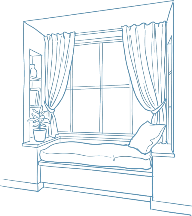 A composed window-seat concept sketch in blue ink — the direction the pile resolves into.